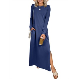 ANRABESS Women Long Sleeve Dresses 2025 Fall Casual Crewneck Loose Fit Split Flowy Wrinkle-Free Travel Vacation Maxi Dress Navy Blue Large