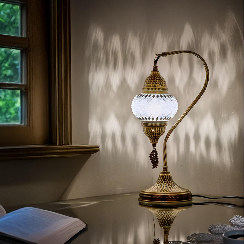 DEMMEX Turkish Moroccan Table Lamp, Swan Neck Tiffany Style Mosaic