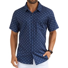 Hardaddy Men's Pattern Short Sleeve Button Down Graphic Printed Business Casual Dress Shirts with Pocket Navy Blue 01 3XL