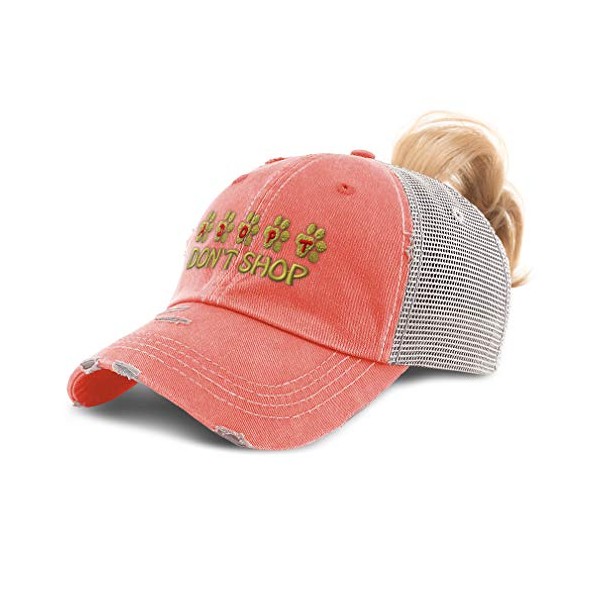 Speedy Pros Womens Ponytail Cap Adopt Don't Shop Pets Embroidery Cotton Distressed Trucker Hats Strap Closure Coral Design Only