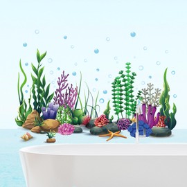JarThenaAMCS Large Summer Window Clings Ocean Themed Seaweed Coral Window Decals Under The Sea Double-Sided Window Decor for Summer School Home Office Bathroom Decor, 4 Sheets