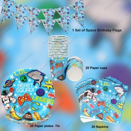 Doyomtoy 61 Pieces Space Game Party Tableware, Video Game Party Plates, Cups Napkins, Draw Flag, Game Party Decoration for Video Game Birthday Party Accessories Supplies Suitable for Children's