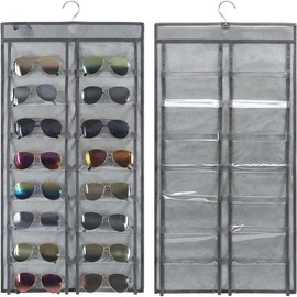 Over the Door Hanging Sunglasses Organizer Storage Sunglass Rack Holder Eyewear Display Case with 16 Clear Pockets - Color: 40 Pockets-grey