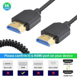 Duttek - Cable HDMI a HDMI en espiral de 6 pies/1,8 m, HDMI 2.1 en espiral de 48 Gbps, cable HDMI extremo delgado macho a macho soporta 8 K a 60 Hz, 4 K a 120 Hz para monitor, portátil, PC, TV