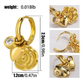 Dangle Gold Heart Rose Flower Charm Earrings for Women 14K Gold Plated Round Cubic Zirconia Love Heart Flower Huggie Hoop Earrings Drop Floral Statement Earrings Trendy Party Jewelry Gifts for Women
