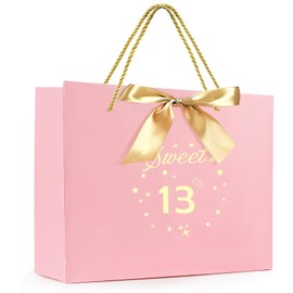 Hongplus Pink Sweet 13th Birthday Gifts Bag with Greeting Handles and Ribbon for Girls 13 Year Old Birthday Gifts Wrapping Bag for Party Favors Goodie Wrapping Bag Decorations Supplies