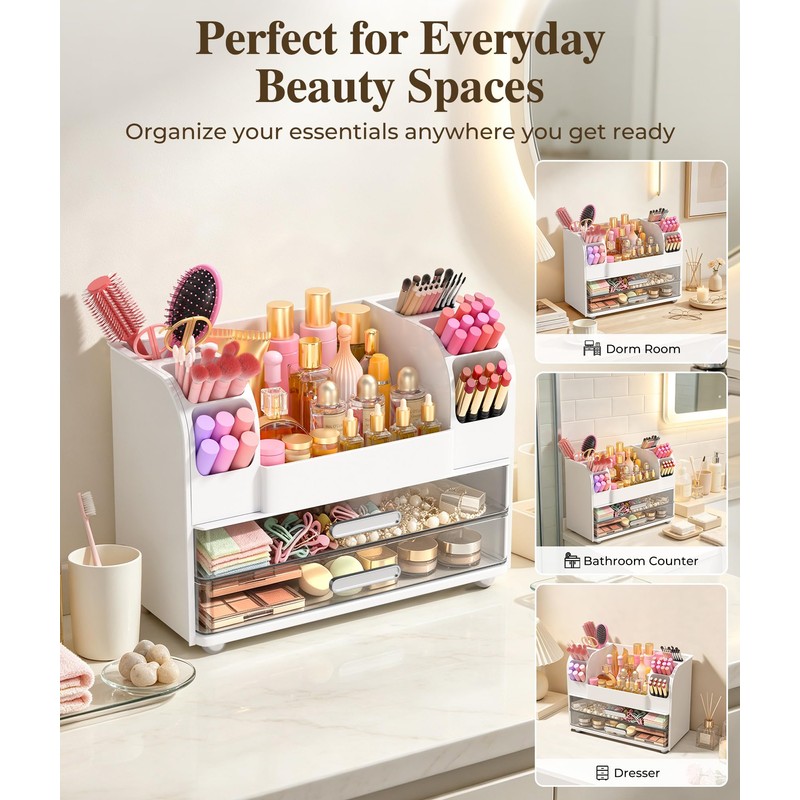 Makeup Organizer for Vanity,Countertop Cosmetic Organizer with 2 Clear Drawers