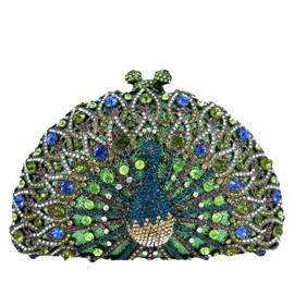 Boutique De FGG Peacock Crystal Clutch Bag Women Formal Evening Handbags Bridal Wedding Rhinestone Clutch Purse Party Bag, Mini, Green Mixed