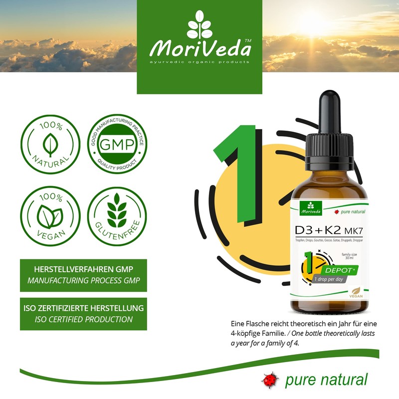 MoriVeda Vitamin D3 + K2 Drops 50 ml, High Dosage,