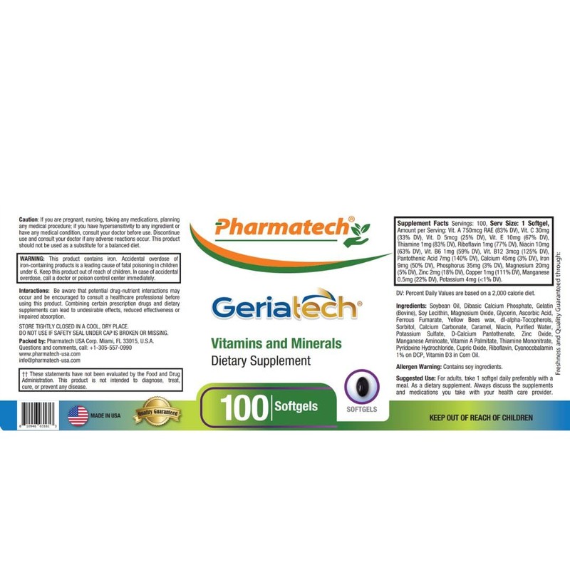 Geriatech Senior multivitamins, Vitamins and Minerals Supplement, Women and Men