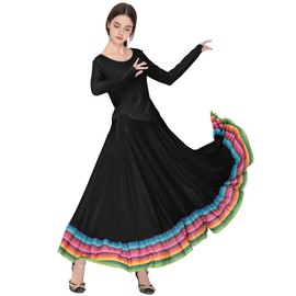 ZYACTU Women Ballroom Dance Skirt Swing High Waist Long Skirts Folkloric Mexican Flamenco Dance Skirt, 019-black, One Size