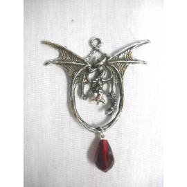 NEW FANTASY DRAGON WITH BLOOD RED CRYSTAL DANGLE CAST PEWTER PENDANT NECKLACE