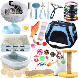 Kitten Starter Kit, 37 Pcs of Kitten Starter Kit for Indoor Kittens, Cat Essentials Including Cat Bed, Carrier, Litter Mat, Litter Box, Collar, Bowls, Cat Toys and Others (Blue)