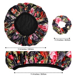 Shower Cap for Women, 2 PCS 3 Layers Terry Lined Shower Caps + 2 Satin Scrunchies, Waterproof Terry Cloth Bath Caps Elastic and Reusable Hair Cap for Shower - (Pink+Flower A)