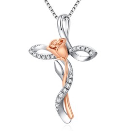 Cross Necklace for Women Rose Necklace Sterling Silver Cross Pendant Necklace Rose Gold Plated Ladies Necklace 925 Silver Cross Rose Necklace Pendant for Girls Cubic Zirconia Necklace
