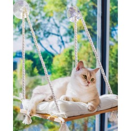 Cat Window Perch - Hammock Bed for Cats Inside - Solid Wood Seat, 4 Strong Suction Cups, Soft Cushion - Rustic Indoor Pet Shelf