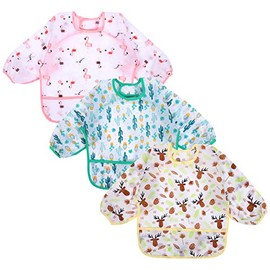 Accmor 3 Pcs Long Sleeve Bibs, Waterproof Baby Bibs, Toddler Sleeved Bib, Baby Smock for Eating Feeding, 6-24 Months