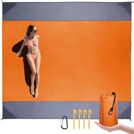 Turakun Beach Blanket Waterproof Sandproof: Beach Mat Sand Free Waterproof Sand Picnic Blanket with 4 Stakes & 4 Corner Pocket Blanket Beach Essentials for Travel Camping, 82.7″×78.7″ Orange L