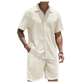 GORGLITTER Men's Linen Set Vacation Button Down Shirt and Shorts Sets Outfits Apricot Medium