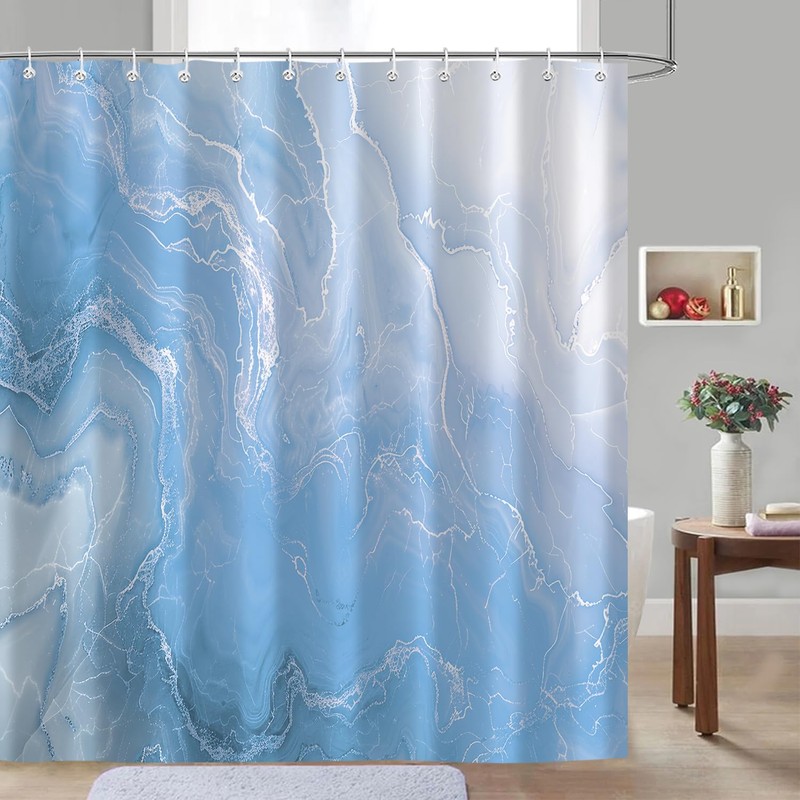 Abstract Marble Shower Curtain, Light Blue Pattern Modern Shower Curtains
