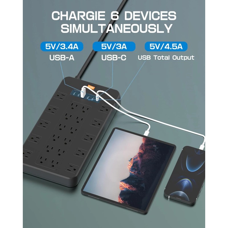 Fdtek Surge Protector Power Strip, 22 AC Multiple Outlets with