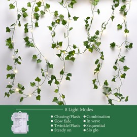 JOHUNT 2 Pack Vines with Lights String Lights 8 Light Modes Artificial Ivy Fake Vines with Fairy Lights Each 6.5Ft 20 LED Green Maple Leaves Vines for Bedroom Room Decor Warm White(FY2)