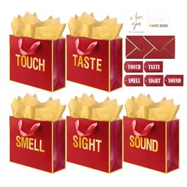 Large Gold Foil 5 Senses Gift Bags For Him Her with Labels Envelopes and Cards, Sight Smell Touch Taste Sound Gift Bags with Tissue Paper For Birthday, Anniversary, Mother'S Day, Valentine'S Day 12 x 10 x 4 Inch (Red)