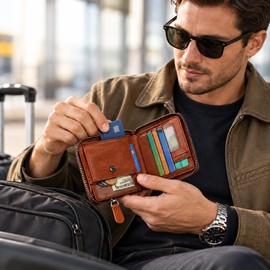 Men's Genuine Leather Zipper Wallet – Compact Short Wallet with Card, Cash and Coin Storage