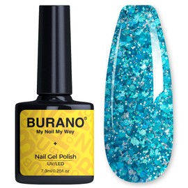 BURANO Glitter Gel Nail Polish, LED UV Nail Gel Shimmer Holographic Effect Soak off Gel Curing Required, No Chip Gel Polish Sparkle Chunky Gel Home DIY Nail Salon Nail Art Design (Lake blue) LP5