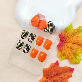 Press on Nails Short Square Fake Nails with Flower Leaves Designs Fall Winter Nails Press ons Orange Acrylic Nails Glossy Glue on Nails Artificial False Nails Cute Stick on Nails for Women 24Pcs