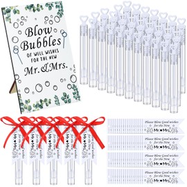 PullCrease 102 Pcs Wedding Mini Bubble Wands Gift Including 50pcs White Heart Bubble Wands 50 Thank You Cards 1pcs Guests Wooden Love Sign Tags for Anniversary Engagement Guests Gift