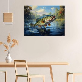 QACEYID 5D Diamond Art Painting Bass Fish Jump Out Full Drill Diamond Art Painting by Number Kits for Adults Round Beads Mosaic Cross Stitch for Wall Decoration 12x16inch