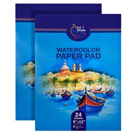 Watercolor Paper by Art Whale - Cold Pressed Paper - Textured Surface - Pack of 2 Pads - 9”x12” inches - 24 Sheets Each - 140 lb/300 GSM - Heavyweight Watercolor Painting Paper Pad, Glue Bound
