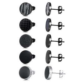 YADOCA Black Round Stud Earrings Set for Men Women 316L Surgical Stainless Steel Matte Black Ear Studs 5 Pairs 12mm
