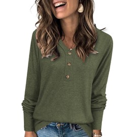 XMTOPYE Womens Fall Casual Tops Long Sleeve V Neck Button Pullover Shirts Green