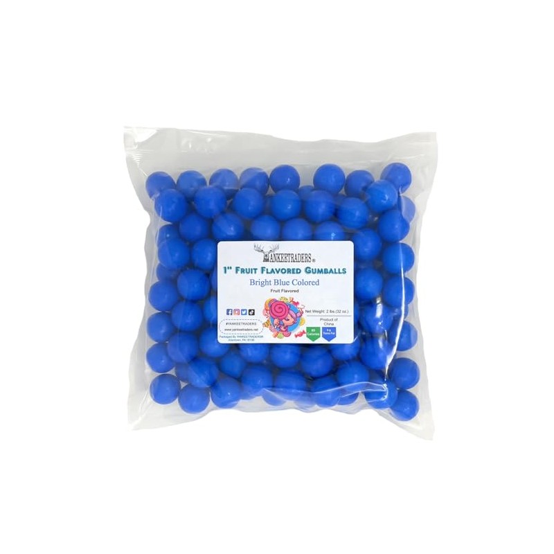 YANKEETRADERS Bright Blue Fruit Flavored Gumballs 1", 2 Pounds Bulk