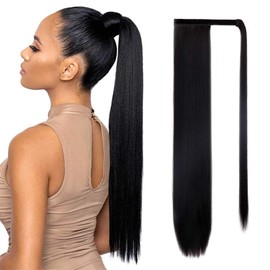 AZQUEEN Long Straight Ponytail Extension Black, Synthetic Wrap Around Ponytail Extensions Straight, Clip in Ponytail Extension for Women 28 Inch