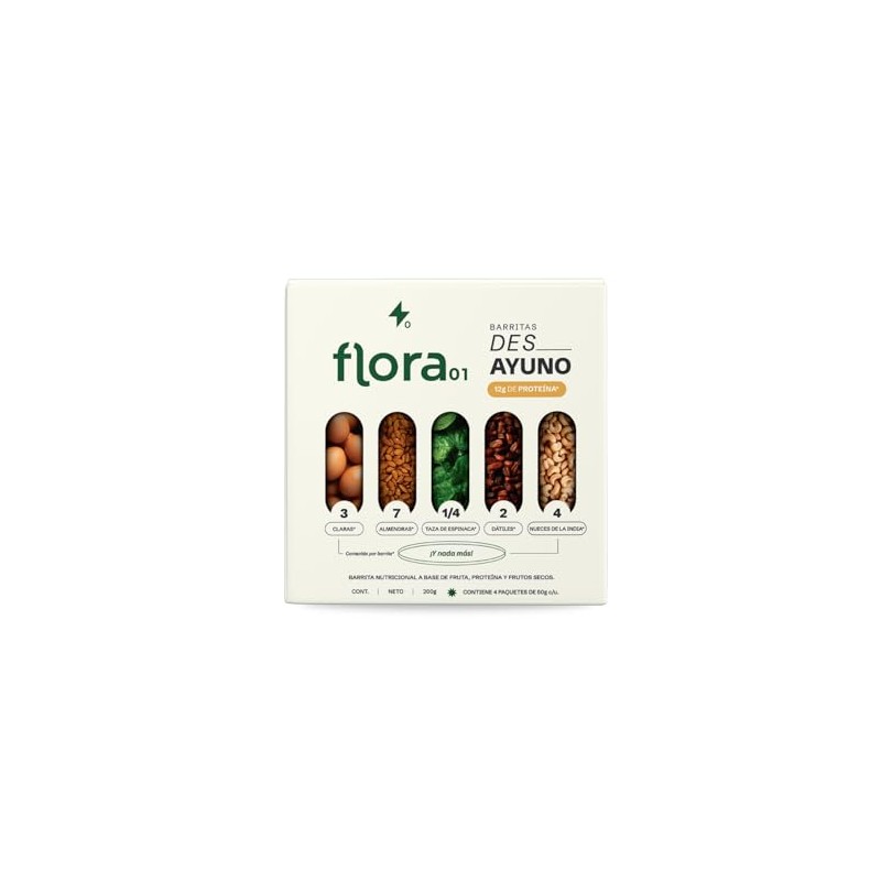 FLORA01, Barras de protena Des__Ayuno, Sabor natural, Libre de sellos,