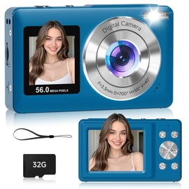 Digital Camera, 56MP Dual Screen Autofocus Vlogging Camera, 16X Zoom Point and Shoot Camera for Photography, Anti-Shake, 32GB Card, Compact Camera for Teens Adults,Blue