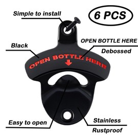 Luwanburg Stainless Beer Opener Wall Mounted Bottle Cap Opener, OPEN BOTTLE HERE Mountable Beer Top Opener Black with Red (Pack of 6)