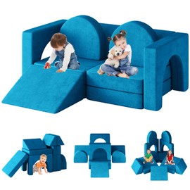 DEYGIA 10PCS Modular Kids Play Couch, Kids Couches with Climbing Slope, 10 in 1 Toddler Couch for Playing, Creativing, Sleeping, Indoor Kid Sofa for Boys and Girls (Blue)