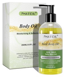 PHATOIL Basil Body Oil with Pump, 260 ml (8.8 fl.oz) Multi-Purpose Massage Oil Body Oils, Blends of Natural Plant Oils and Essential Oils, Great for Skin Care
