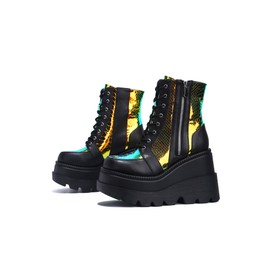 Cape Robbin Radio Holographic Platform Ankle Chunky Block Heels Boots Black (Black, 10)