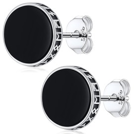 Men's Viking Stud Earrings 925 Sterling Silver, Viking Rune/Thor's Hammer/Wolf Earrings Black, Viking Amulet Jewellery for Men Women, Sterling Silver, No Gemstone