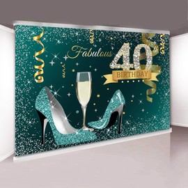 Sensfun 7x5ft Teal Gold Glitter Happy 40th Birthday Backdrop Turquoise Silver Dots High Heels Fabulous Forty Birthday Backdrop for Women Shining Diamond 40th Birthday Backdrops for Photography