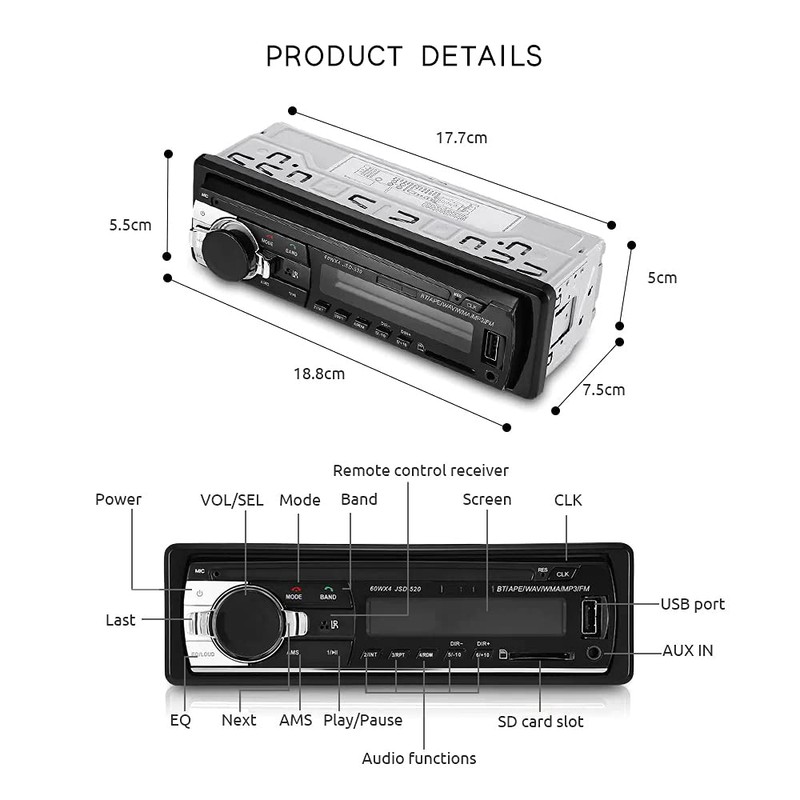 1 Din Car Radio Auto Audio Stereo Autoradio Bluetooth USB