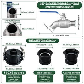 IBC Tote Hose Adapter, 2" Cam Lock for 275-330 Gallon IBC Tote Tank with 2packs Groove Fittings, IBC Tote Garden Hose Adapter with 304 Stainless Steel Hose Faucet (1/2'' Male Inlet ×3/4" Male)