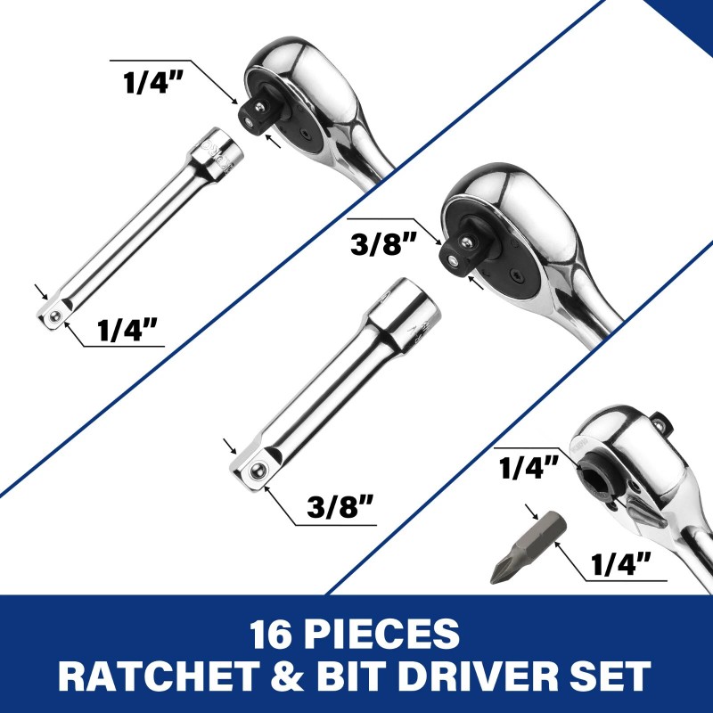 WORKPRO Stubby Ratchet & Bit Driver Set 16 PCS, 1/4",
