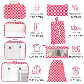 8 Set Packing Cubes for Suitcases,Packing Cube with Shoe,Cosmetics,Clothing, and Accessories Bags Packing Cubes for Travel Luggage Organizer Women Men(Rose Checkered)
