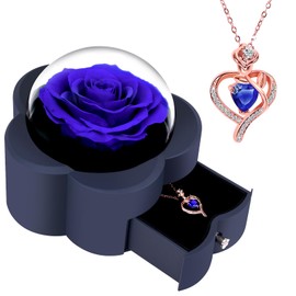 FLFLOR Preserved Rose with Heart Necklace Jewellery Box, Eternal Flower Gift for Mom, Wife, Girlfriend, Women - Perfect for Valentine's Day, Birthday, Anniversary, Mother's Day, Christmas-Blue